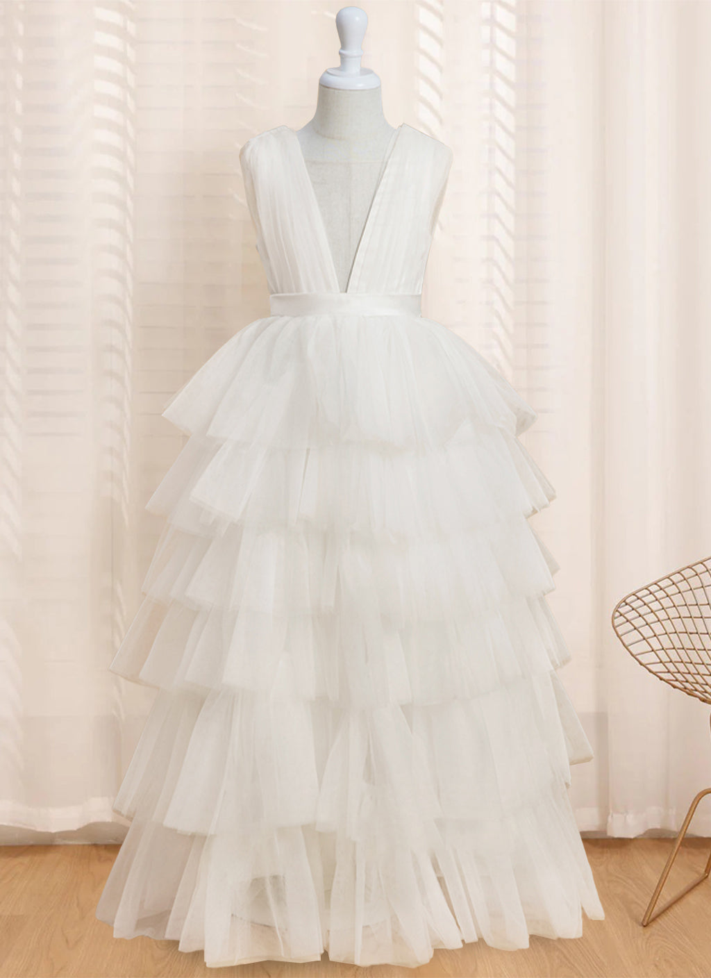 Robe de Bal à Col en V Sans Manches, Longueur Au Sol, avec Volants
