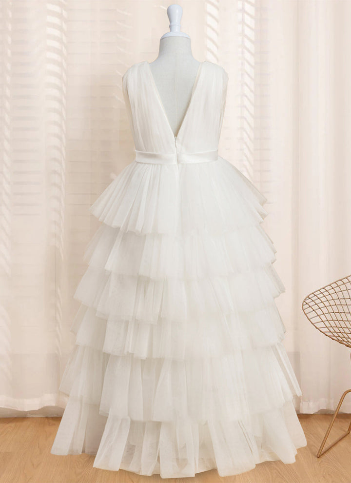 Robe de Bal à Col en V Sans Manches, Longueur Au Sol, avec Volants