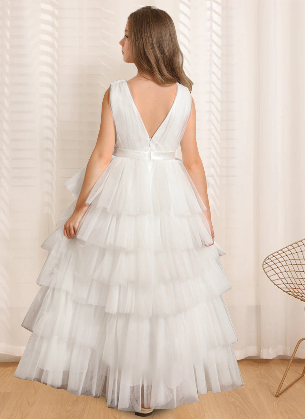 Robe de Bal à Col en V Sans Manches, Longueur Au Sol, avec Volants