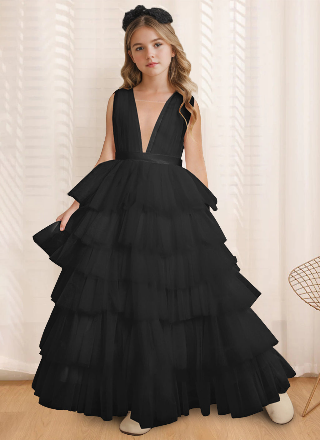 Robe de Bal à Col en V Sans Manches, Longueur Au Sol, avec Volants