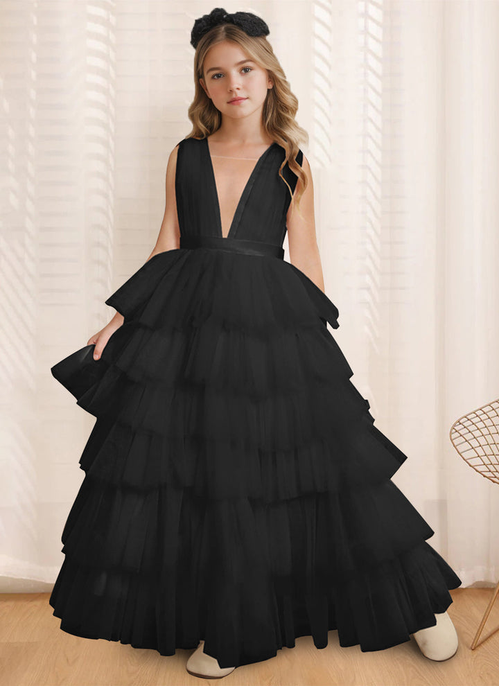 Robe de Bal à Col en V Sans Manches, Longueur Au Sol, avec Volants