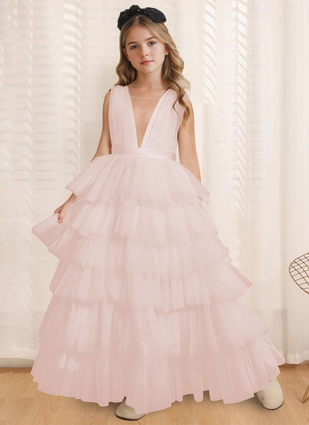 Robe de Bal à Col en V Sans Manches, Longueur Au Sol, avec Volants
