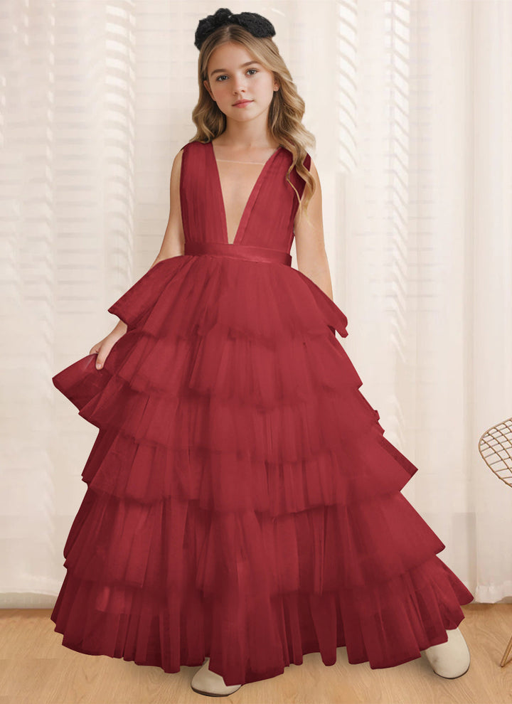 Robe de Bal à Col en V Sans Manches, Longueur Au Sol, avec Volants