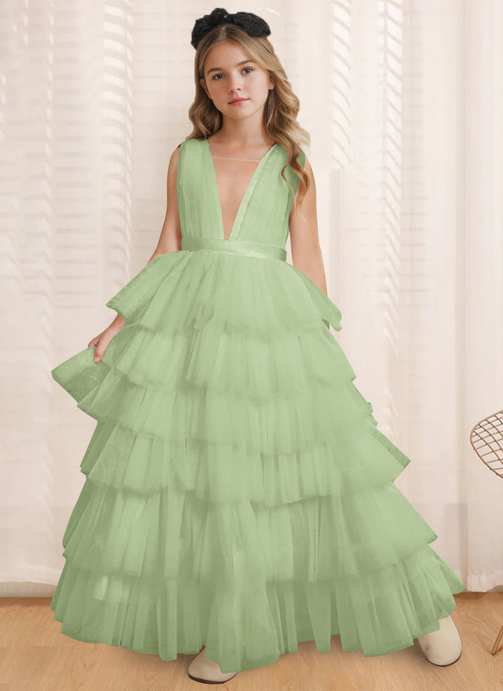 Robe de Bal à Col en V Sans Manches, Longueur Au Sol, avec Volants
