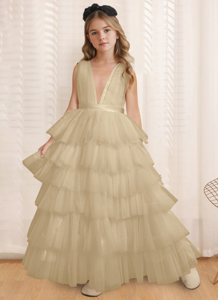 Robe de Bal à Col en V Sans Manches, Longueur Au Sol, avec Volants