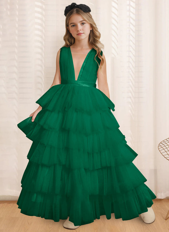 Robe de Bal à Col en V Sans Manches, Longueur Au Sol, avec Volants