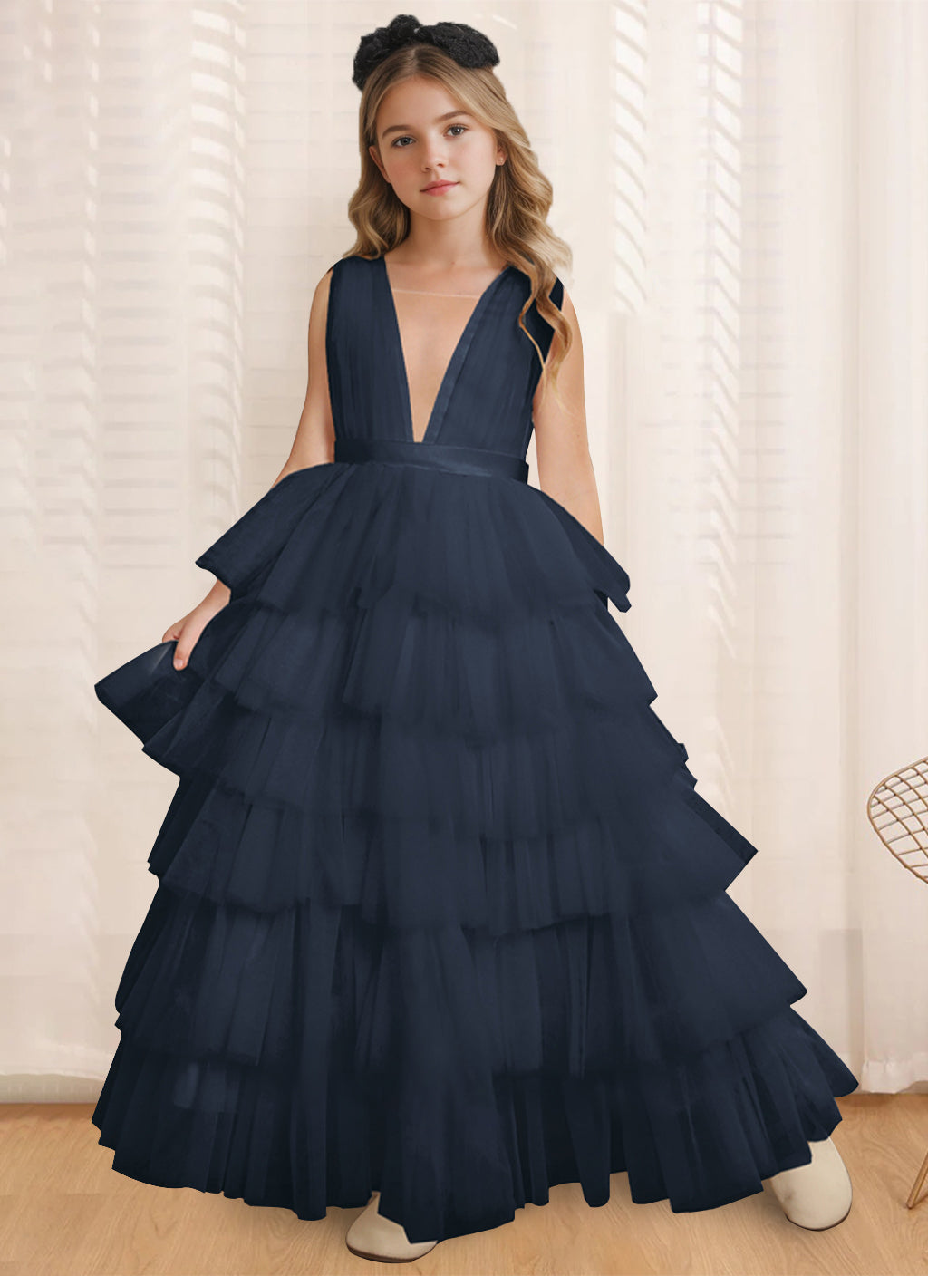 Robe de Bal à Col en V Sans Manches, Longueur Au Sol, avec Volants