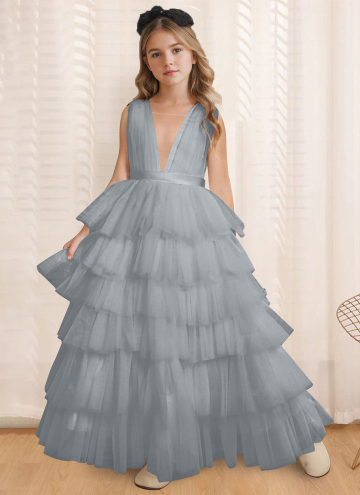 Robe de Bal à Col en V Sans Manches, Longueur Au Sol, avec Volants