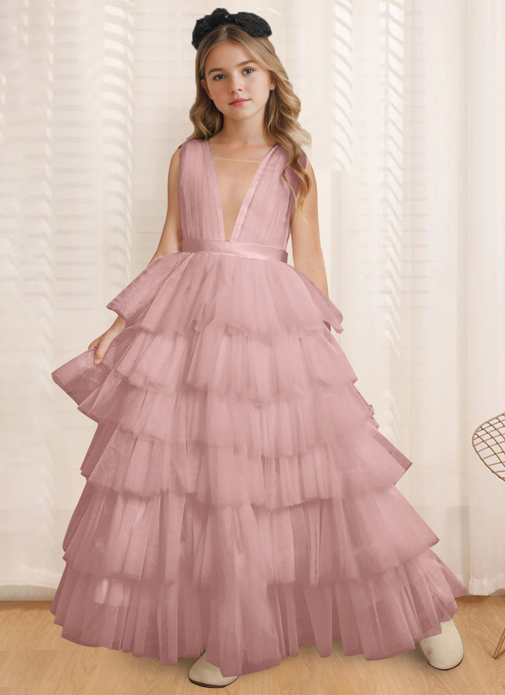 Robe de Bal à Col en V Sans Manches, Longueur Au Sol, avec Volants