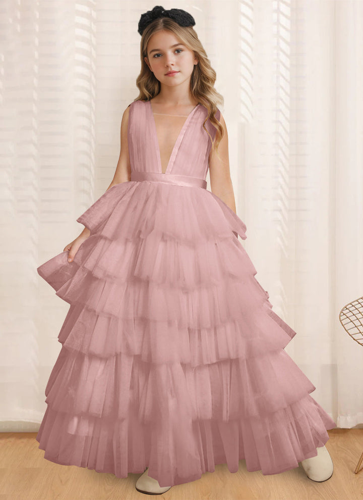 Robe de Bal à Col en V Sans Manches, Longueur Au Sol, avec Volants