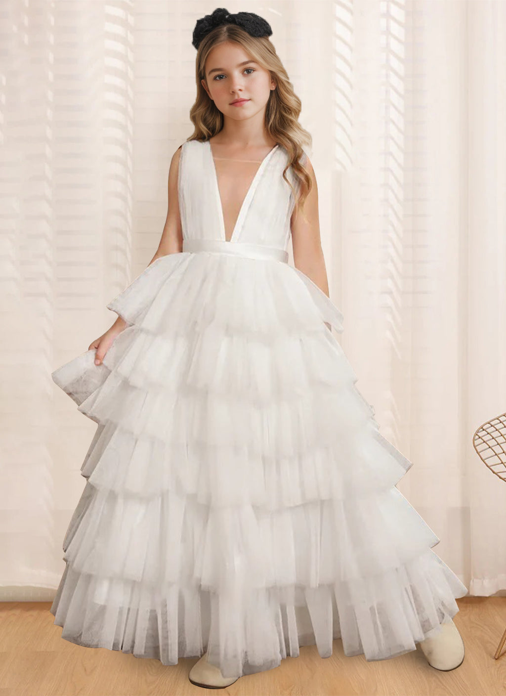 Robe de Bal à Col en V Sans Manches, Longueur Au Sol, avec Volants
