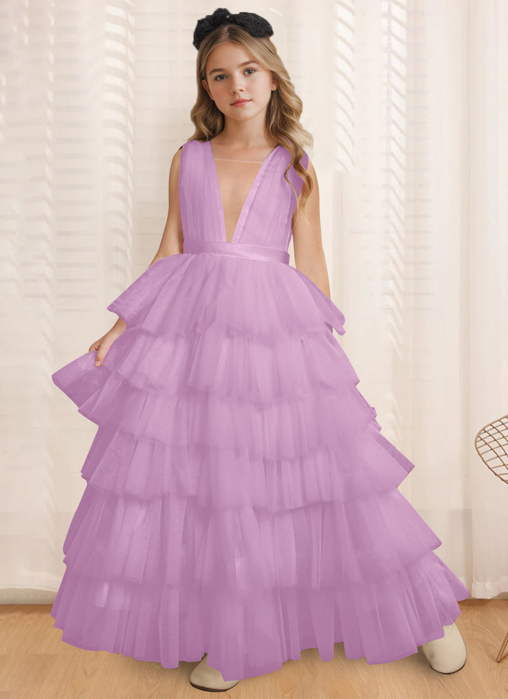 Robe de Bal à Col en V Sans Manches, Longueur Au Sol, avec Volants