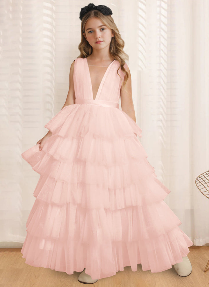 Robe de Bal à Col en V Sans Manches, Longueur Au Sol, avec Volants
