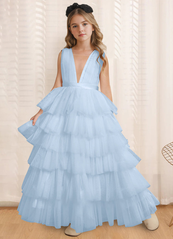 Robe de Bal à Col en V Sans Manches, Longueur Au Sol, avec Volants