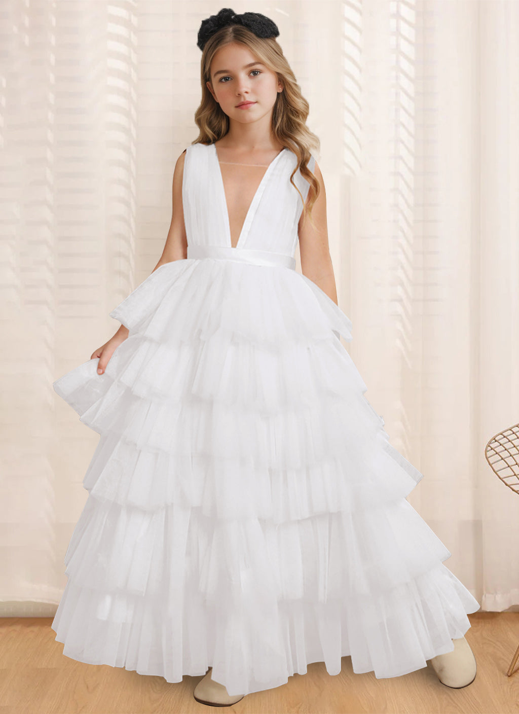 Robe de Bal à Col en V Sans Manches, Longueur Au Sol, avec Volants