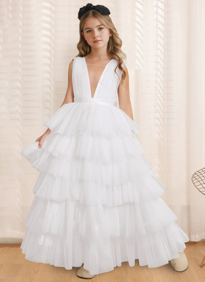 Robe de Bal à Col en V Sans Manches, Longueur Au Sol, avec Volants