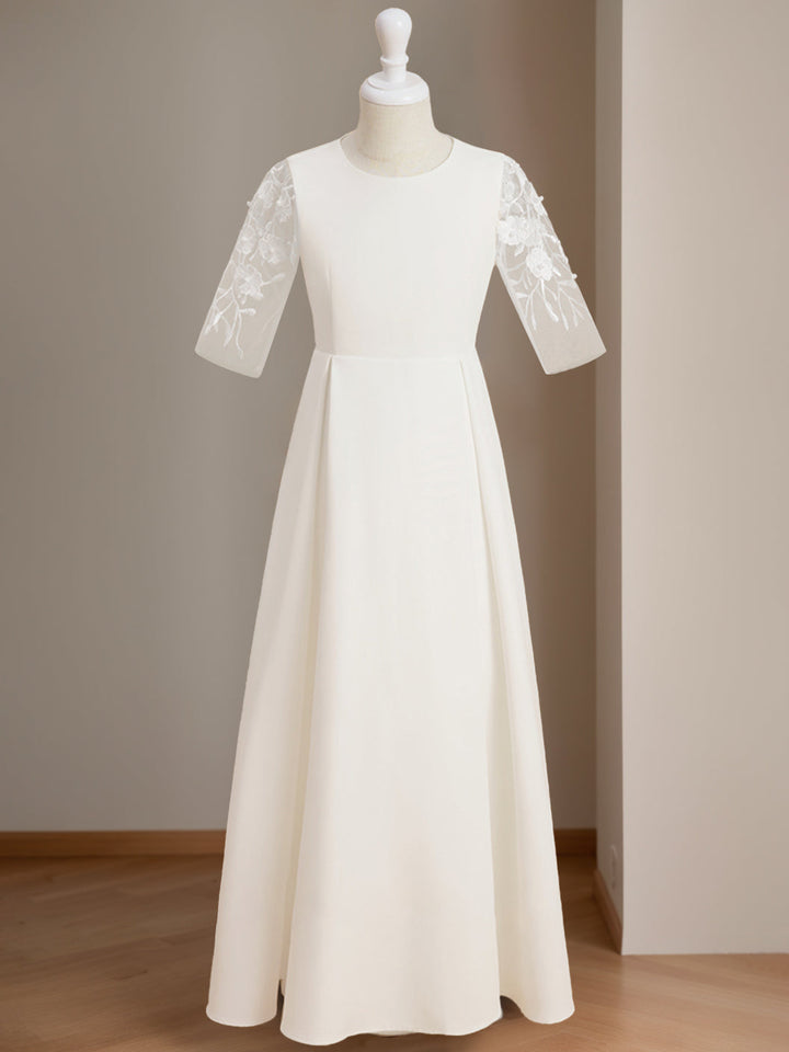 Robe de Demoiselle D'Honneur A-Line/Princess à Col Rond et Manches Mi-Longues avec Dentelle