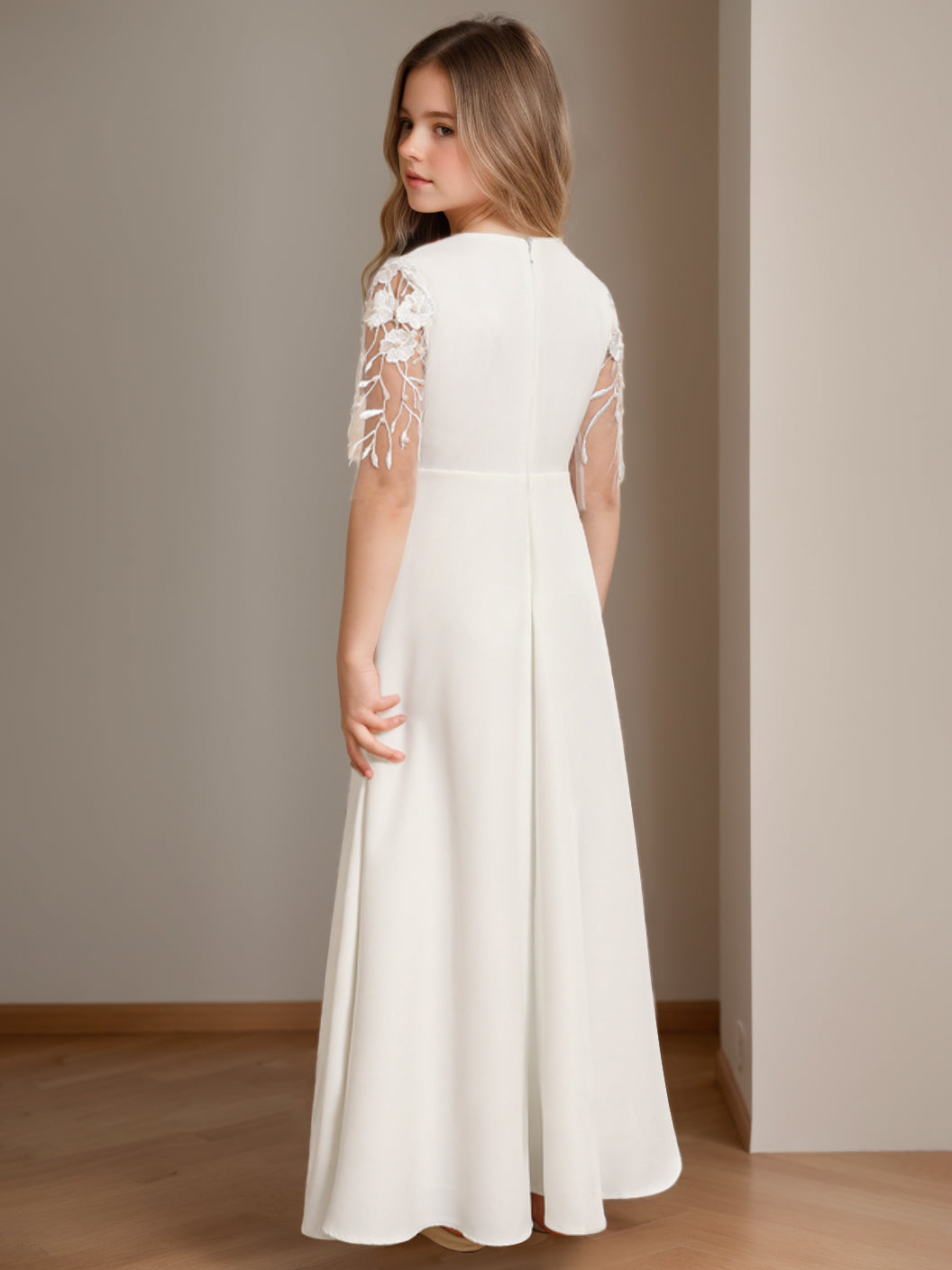 Robe de Demoiselle D'Honneur A-Line/Princess à Col Rond et Manches Mi-Longues avec Dentelle