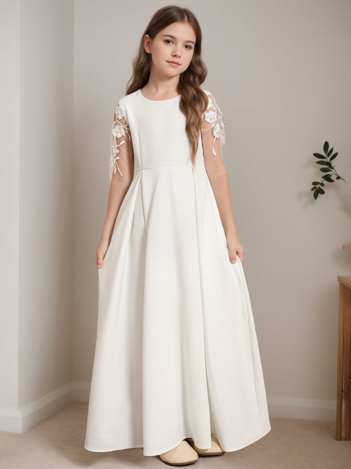 Robe de Demoiselle D'Honneur A-Line/Princess à Col Rond et Manches Mi-Longues avec Dentelle
