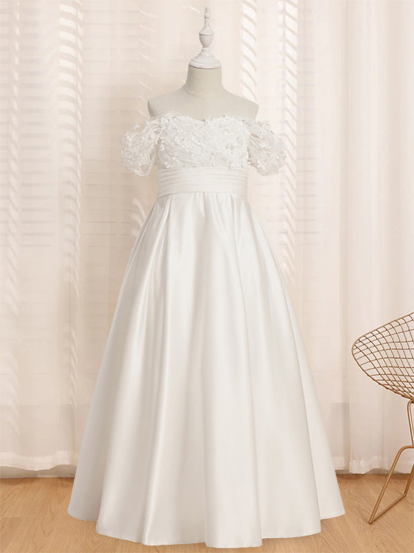 Robe de Demoiselle D'Honneur A-Line/Princess à Épaules Dénudées et Manches Courtes, Longueur Au Sol, avec Volants