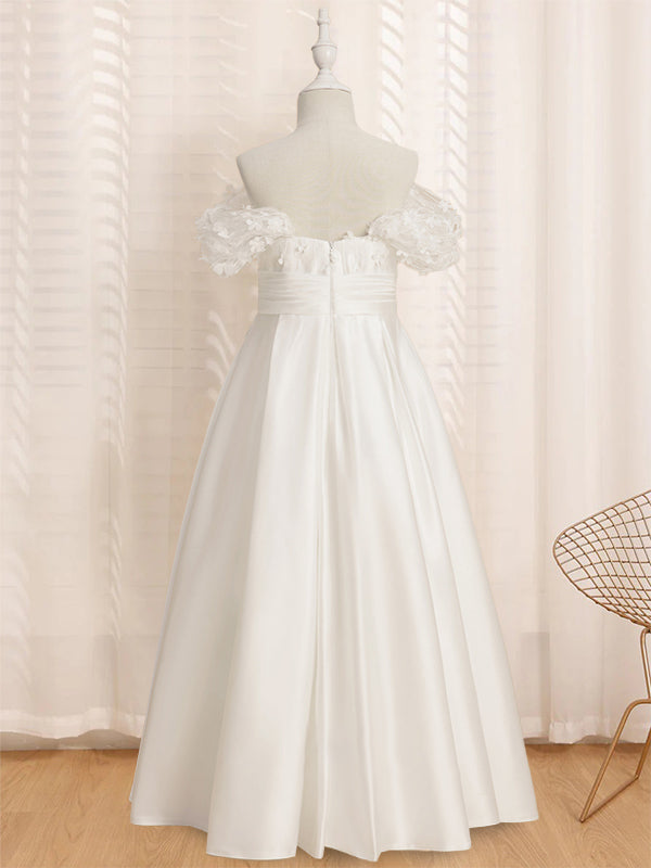Robe de Demoiselle D'Honneur A-Line/Princess à Épaules Dénudées et Manches Courtes, Longueur Au Sol, avec Volants