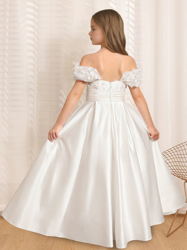 Robe de Demoiselle D'Honneur A-Line/Princess à Épaules Dénudées et Manches Courtes, Longueur Au Sol, avec Volants