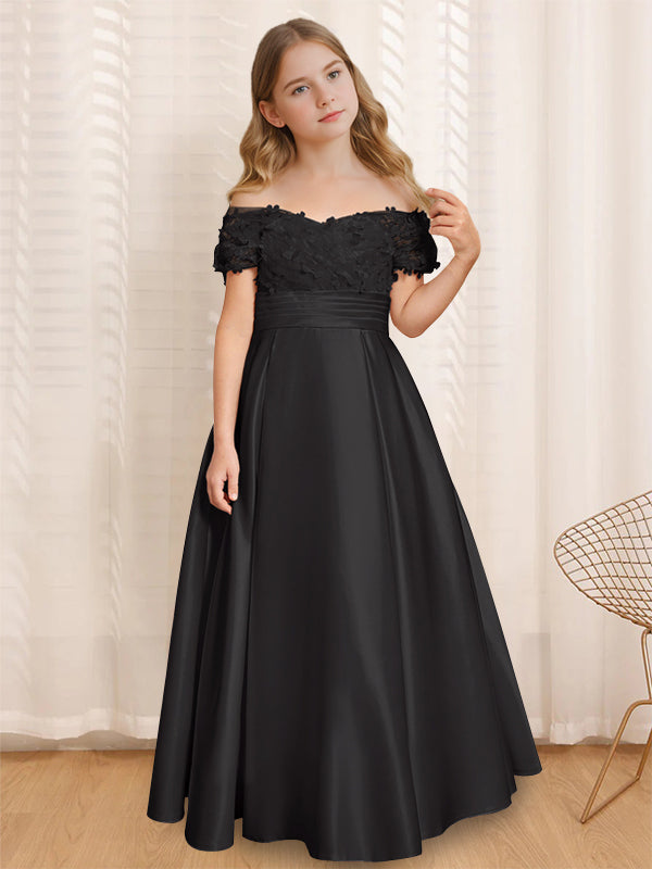 Robe de Demoiselle D'Honneur A-Line/Princess à Épaules Dénudées et Manches Courtes, Longueur Au Sol, avec Volants