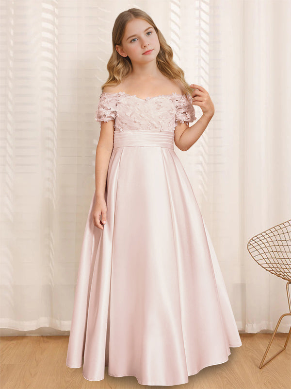Robe de Demoiselle D'Honneur A-Line/Princess à Épaules Dénudées et Manches Courtes, Longueur Au Sol, avec Volants