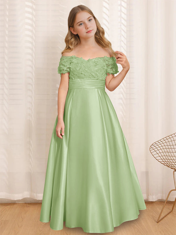Robe de Demoiselle D'Honneur A-Line/Princess à Épaules Dénudées et Manches Courtes, Longueur Au Sol, avec Volants