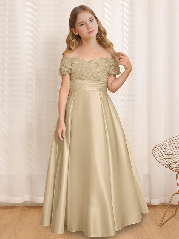 Robe de Demoiselle D'Honneur A-Line/Princess à Épaules Dénudées et Manches Courtes, Longueur Au Sol, avec Volants