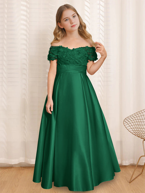 Robe de Demoiselle D'Honneur A-Line/Princess à Épaules Dénudées et Manches Courtes, Longueur Au Sol, avec Volants