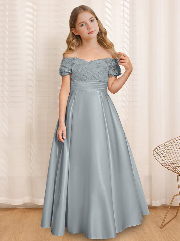 Robe de Demoiselle D'Honneur A-Line/Princess à Épaules Dénudées et Manches Courtes, Longueur Au Sol, avec Volants