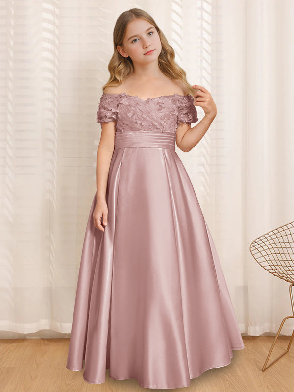 Robe de Demoiselle D'Honneur A-Line/Princess à Épaules Dénudées et Manches Courtes, Longueur Au Sol, avec Volants