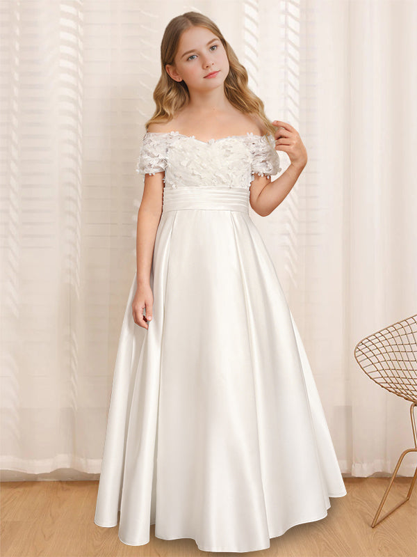 Robe de Demoiselle D'Honneur A-Line/Princess à Épaules Dénudées et Manches Courtes, Longueur Au Sol, avec Volants