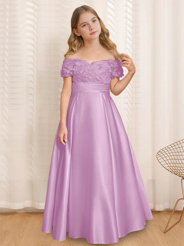 Robe de Demoiselle D'Honneur A-Line/Princess à Épaules Dénudées et Manches Courtes, Longueur Au Sol, avec Volants