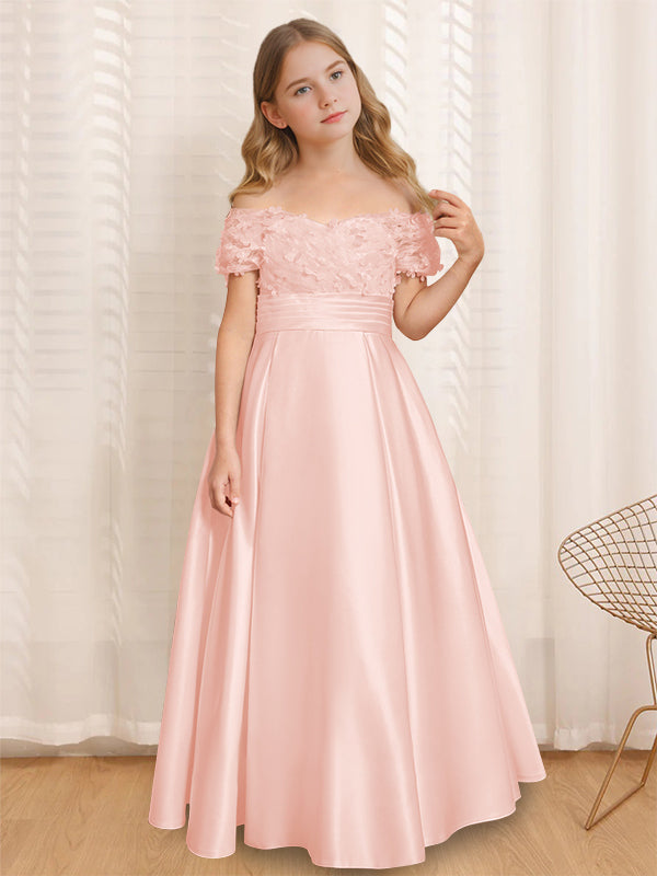 Robe de Demoiselle D'Honneur A-Line/Princess à Épaules Dénudées et Manches Courtes, Longueur Au Sol, avec Volants