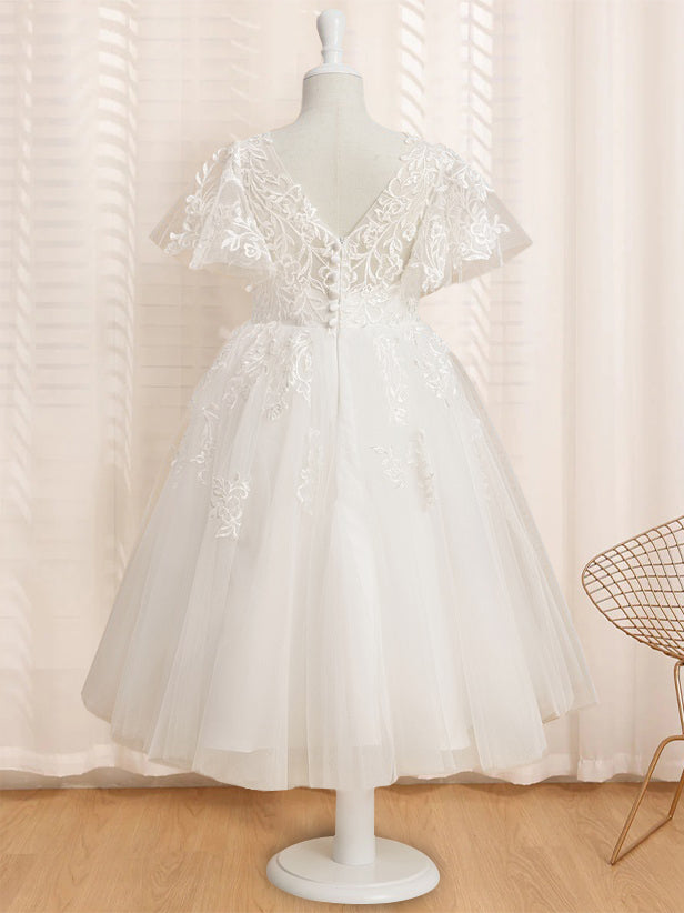 Robe de Demoiselle D'Honneur A-Line/Princess à Col en V et Manches Courtes avec Dentelle