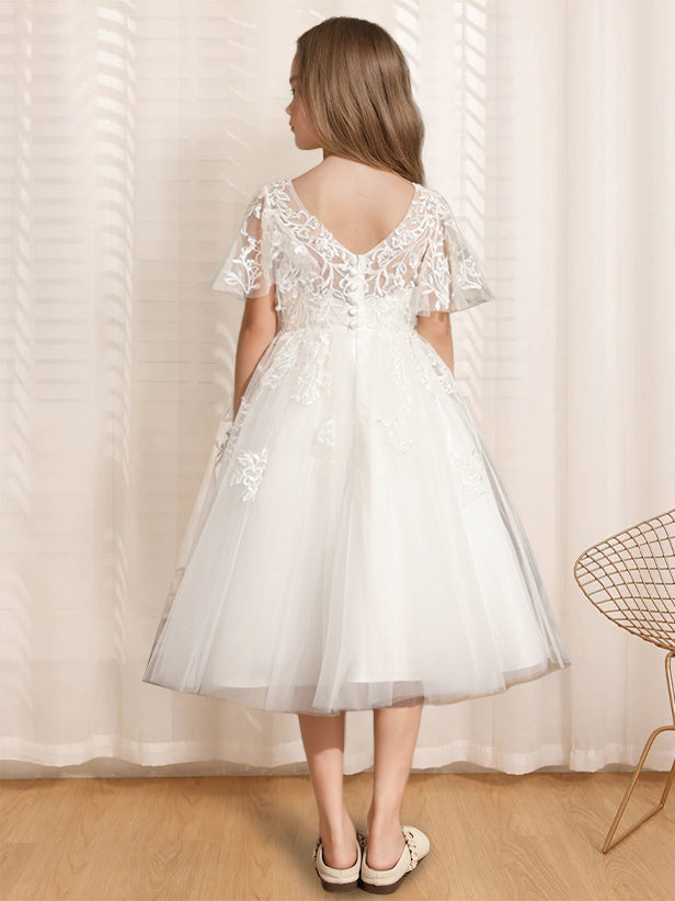 Robe de Demoiselle D'Honneur A-Line/Princess à Col en V et Manches Courtes avec Dentelle