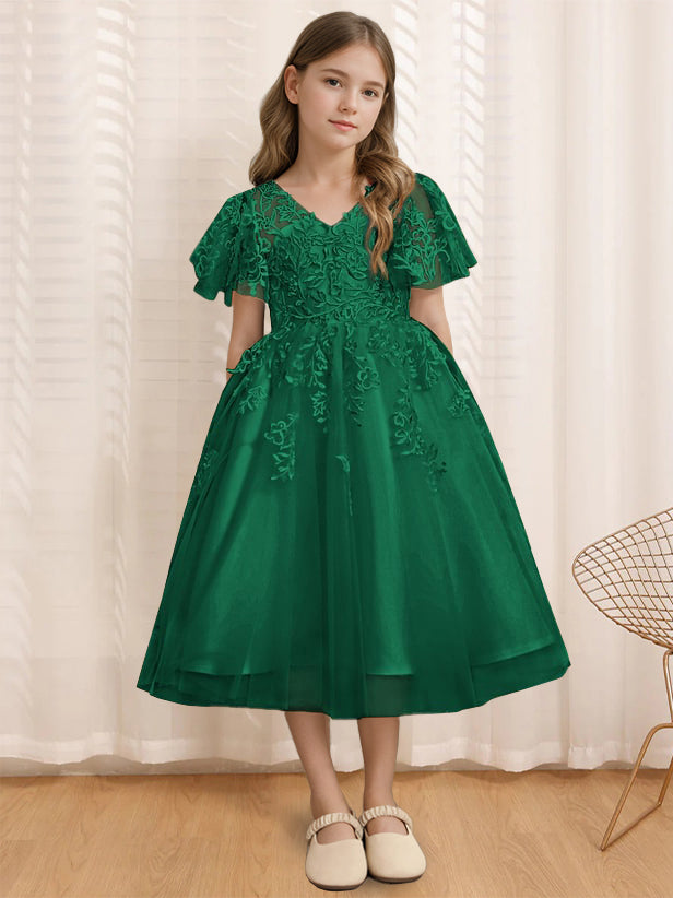 Robe de Demoiselle D'Honneur A-Line/Princess à Col en V et Manches Courtes avec Dentelle