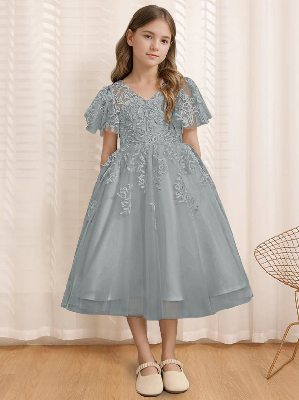 Robe de Demoiselle D'Honneur A-Line/Princess à Col en V et Manches Courtes avec Dentelle