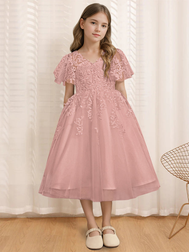 Robe de Demoiselle D'Honneur A-Line/Princess à Col en V et Manches Courtes avec Dentelle
