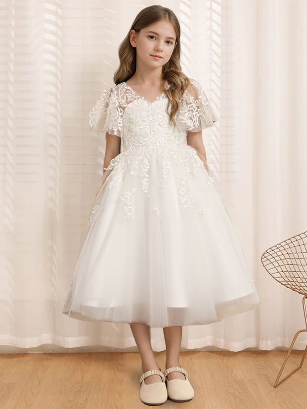 Robe de Demoiselle D'Honneur A-Line/Princess à Col en V et Manches Courtes avec Dentelle