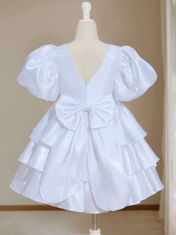 Robe de Bal à Col Rond et Manches Courtes, Longueur Genou, avec Nœud Papillon