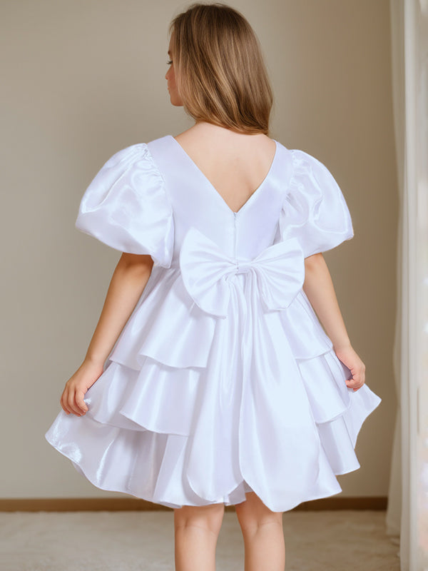 Robe de Bal à Col Rond et Manches Courtes, Longueur Genou, avec Nœud Papillon
