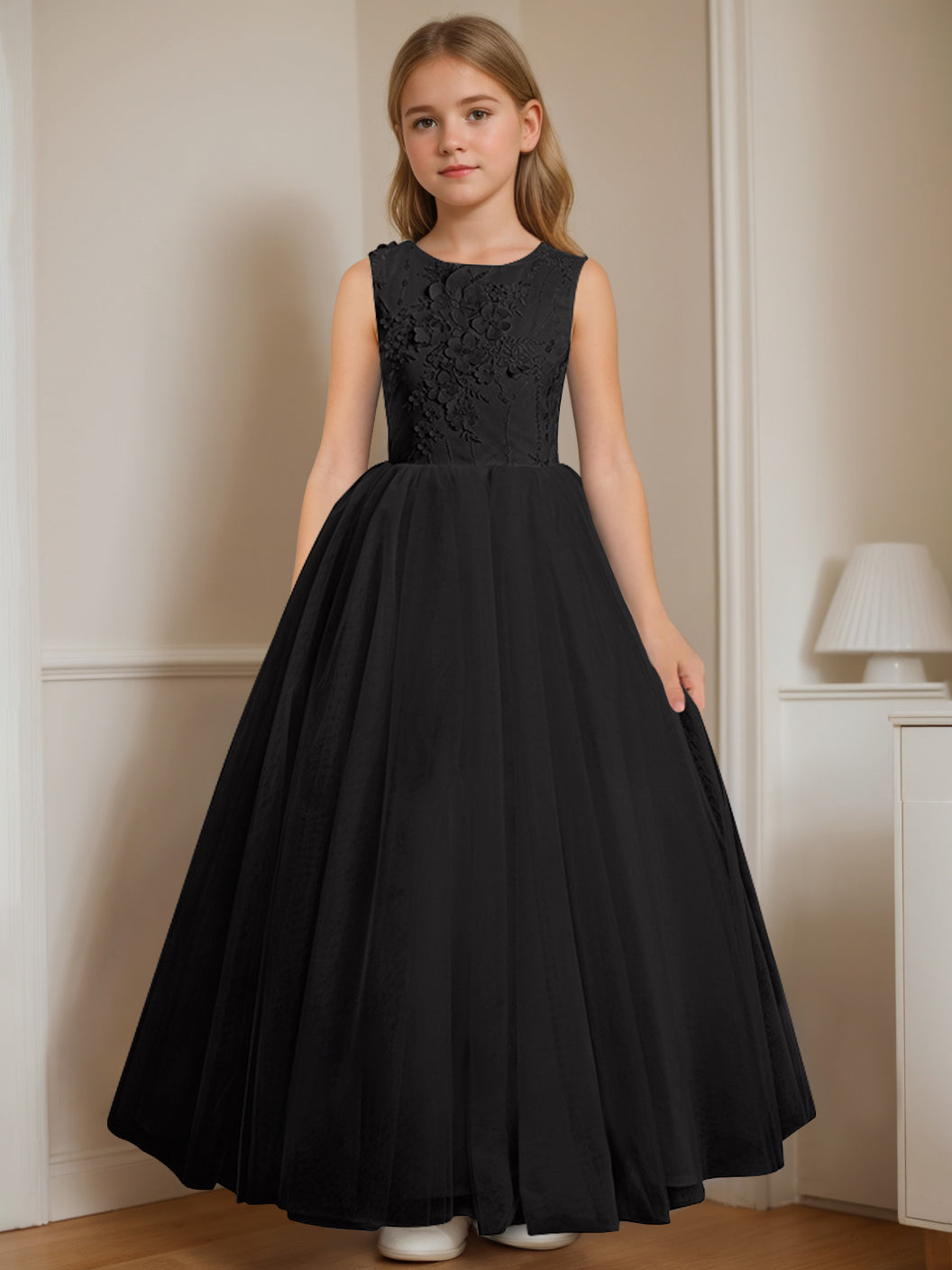 Robe de Demoiselle D'Honneur A-Line/Princess à Col Rond Sans Manches et Longueur Au Sol avec Appliques