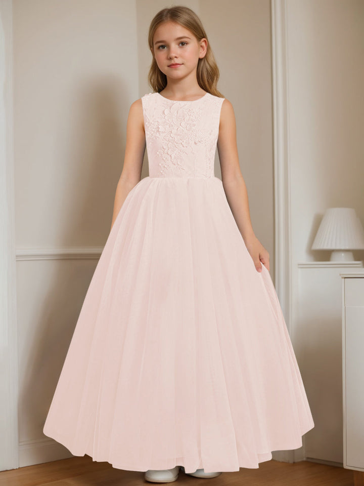 Robe de Demoiselle D'Honneur A-Line/Princess à Col Rond Sans Manches et Longueur Au Sol avec Appliques