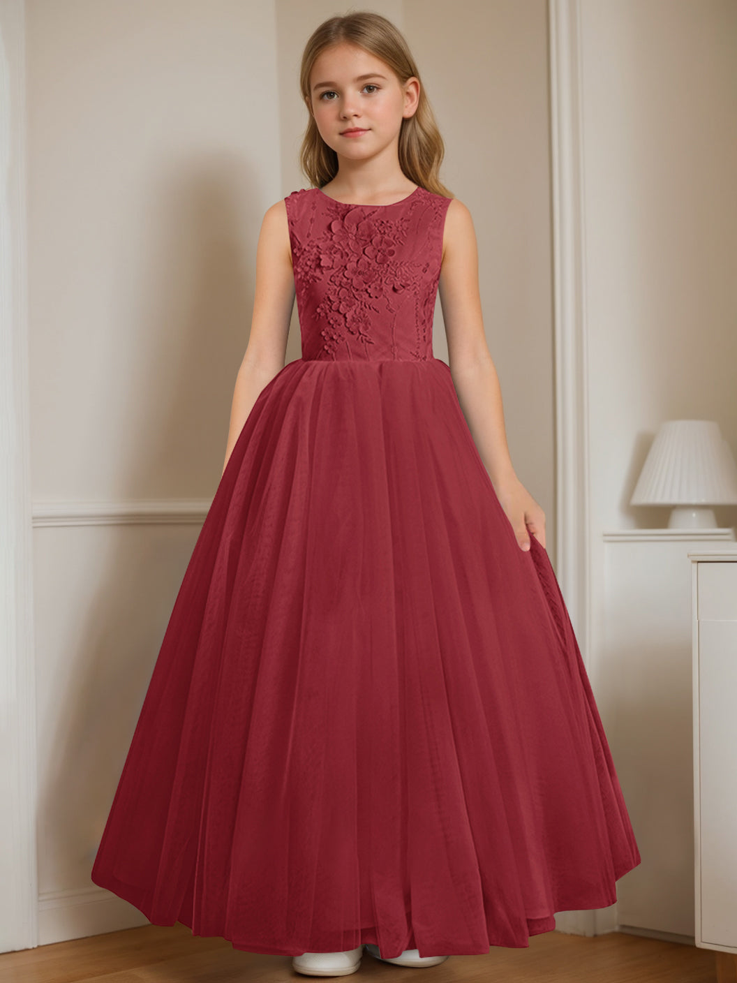 Robe de Demoiselle D'Honneur A-Line/Princess à Col Rond Sans Manches et Longueur Au Sol avec Appliques