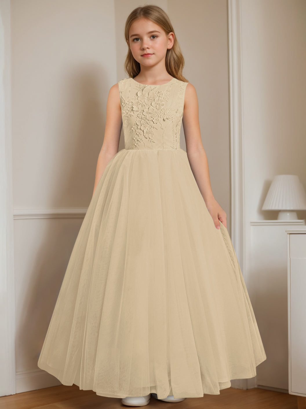 Robe de Demoiselle D'Honneur A-Line/Princess à Col Rond Sans Manches et Longueur Au Sol avec Appliques