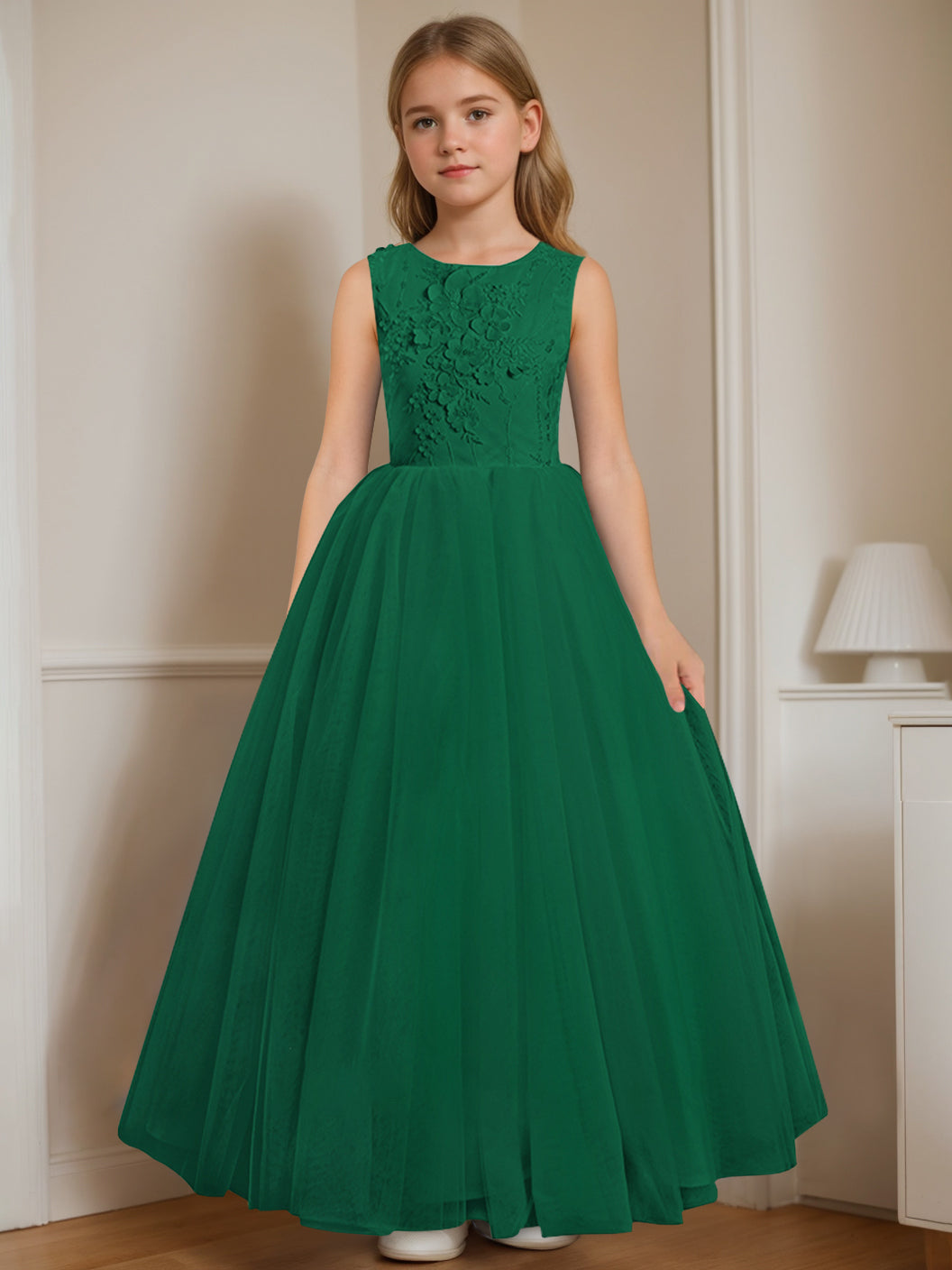Robe de Demoiselle D'Honneur A-Line/Princess à Col Rond Sans Manches et Longueur Au Sol avec Appliques