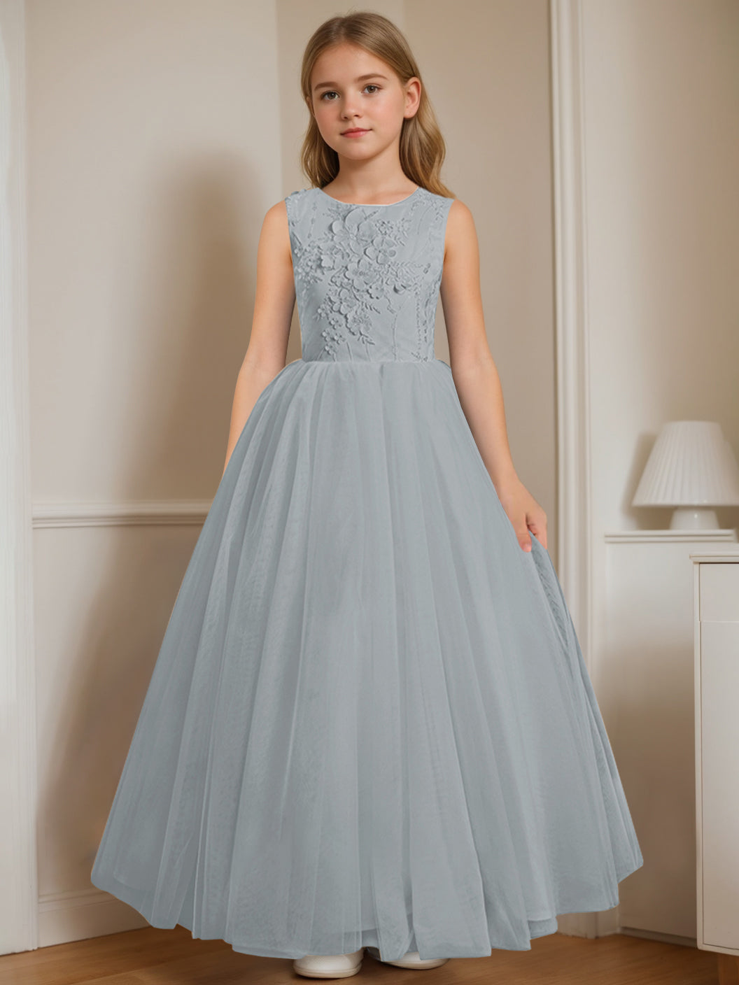 Robe de Demoiselle D'Honneur A-Line/Princess à Col Rond Sans Manches et Longueur Au Sol avec Appliques